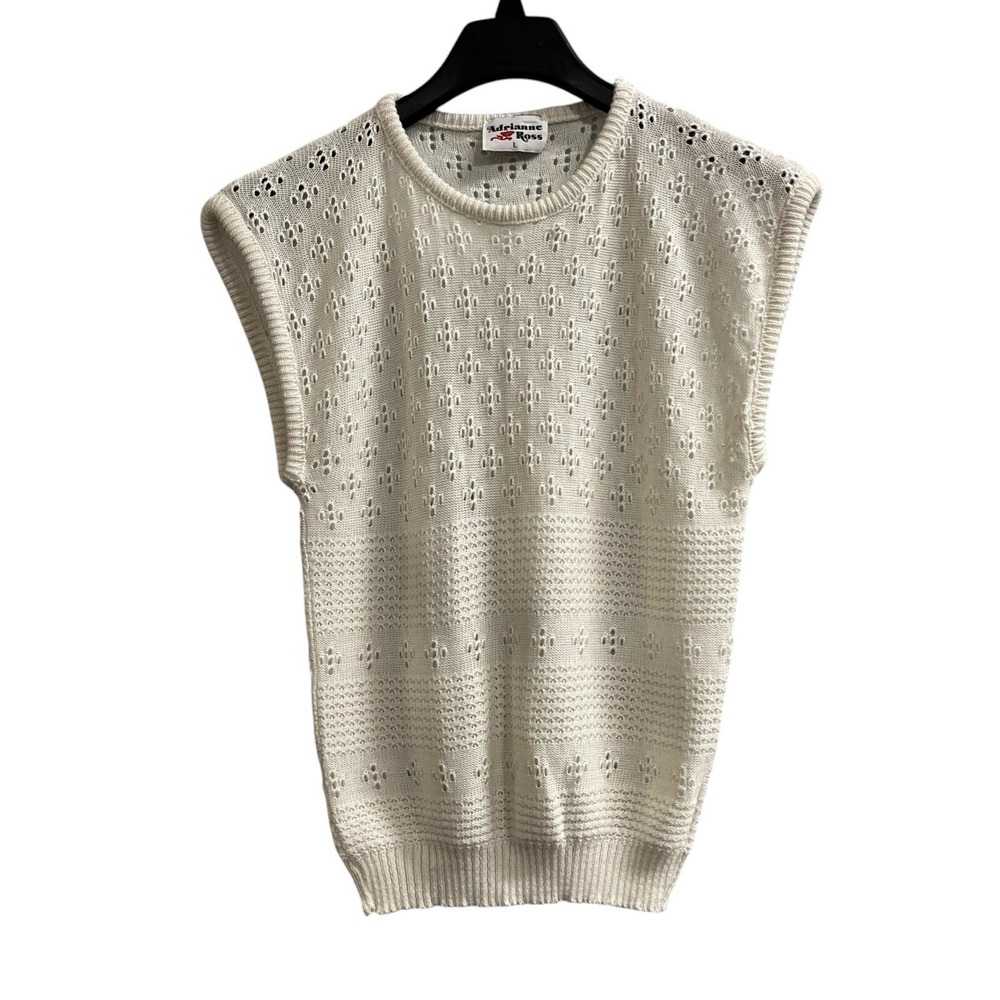 Vintage Adrianne‎ Ross Sweater Vest White Crochet Open Knit Size L Cottagecore